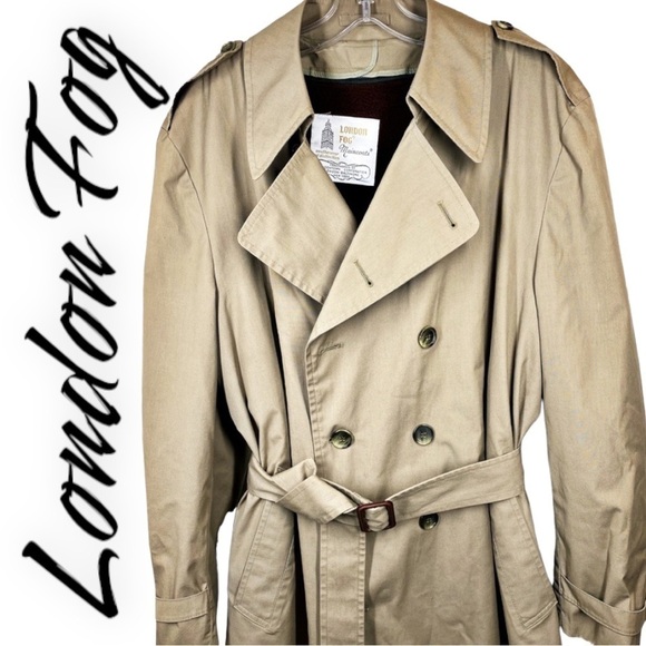 LONDON FOG Classic 90s Vintage Khaki Belted Double Breasted Trenchcoat, Size 44R - Picture 10 of 11
